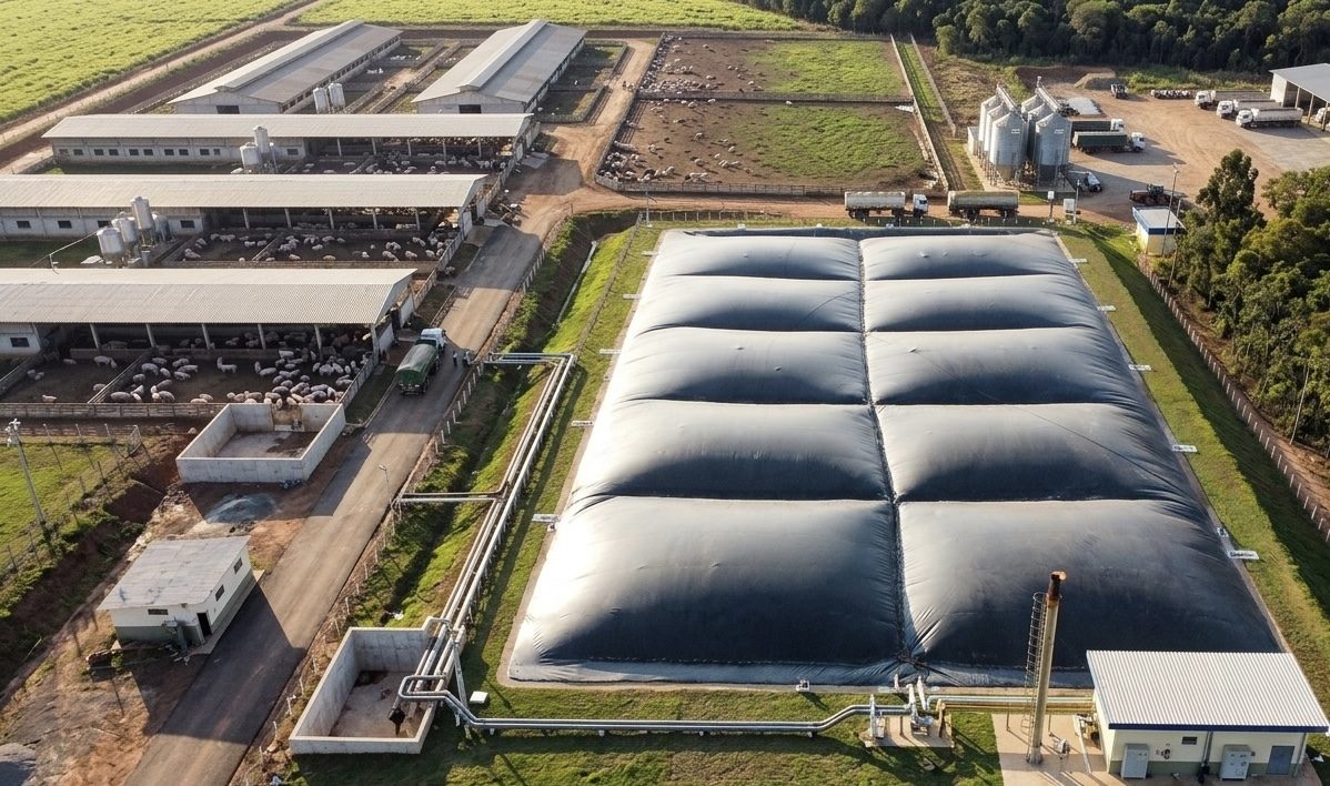 La granja y sus digestores, vistos desde el aire.